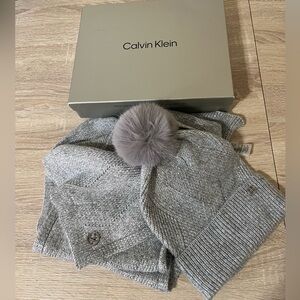 Calvin Klein Gray Knit Scarf and Hat Set